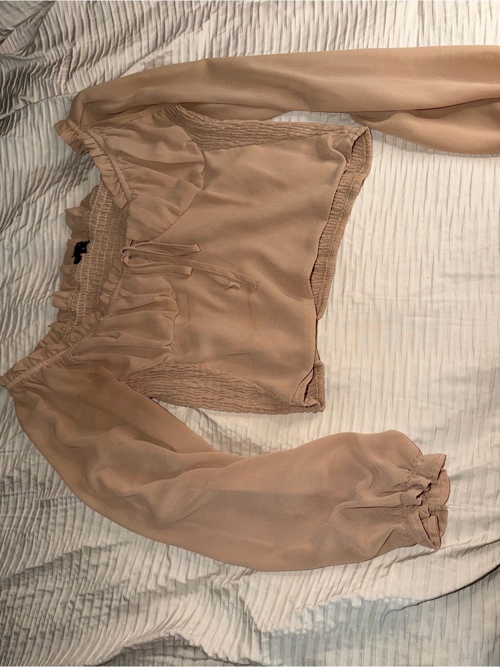 Smocked Waist Beige Peasant Blouse with Long Sheer Sleeves